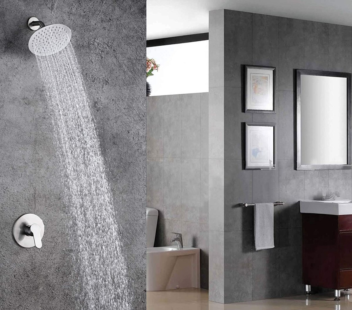 The best shower faucet option running in a large shower open to a modern bathroom