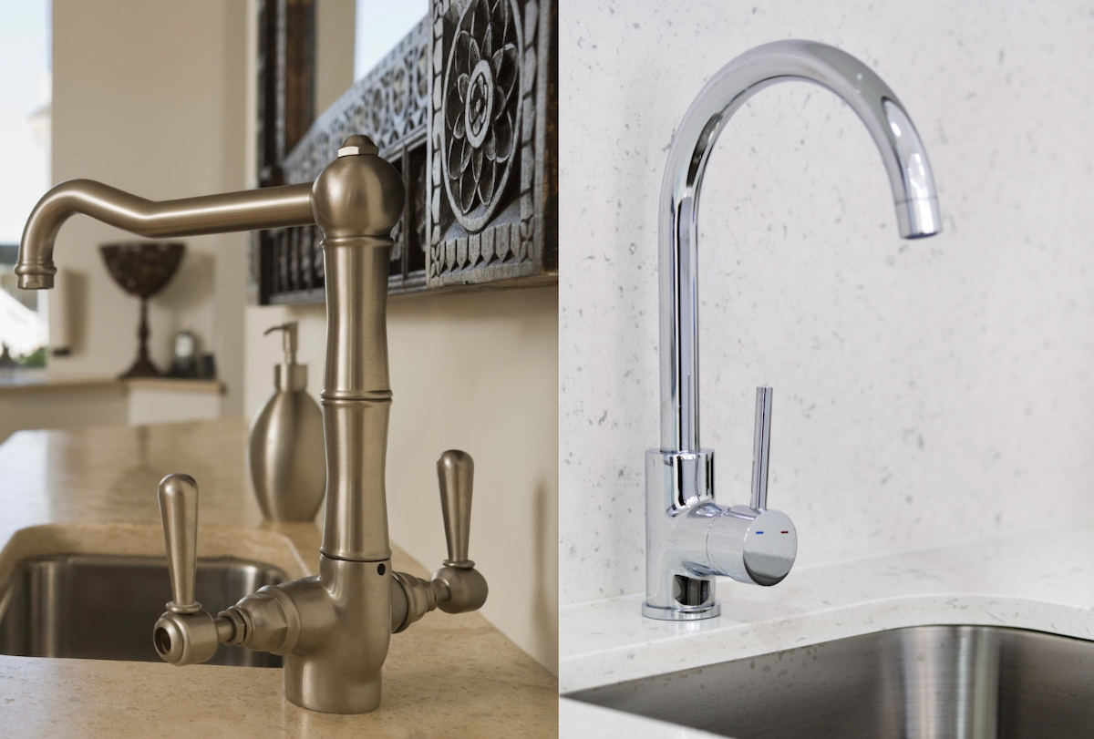 A brushed nickel faucet and a chrome faucet side by side.