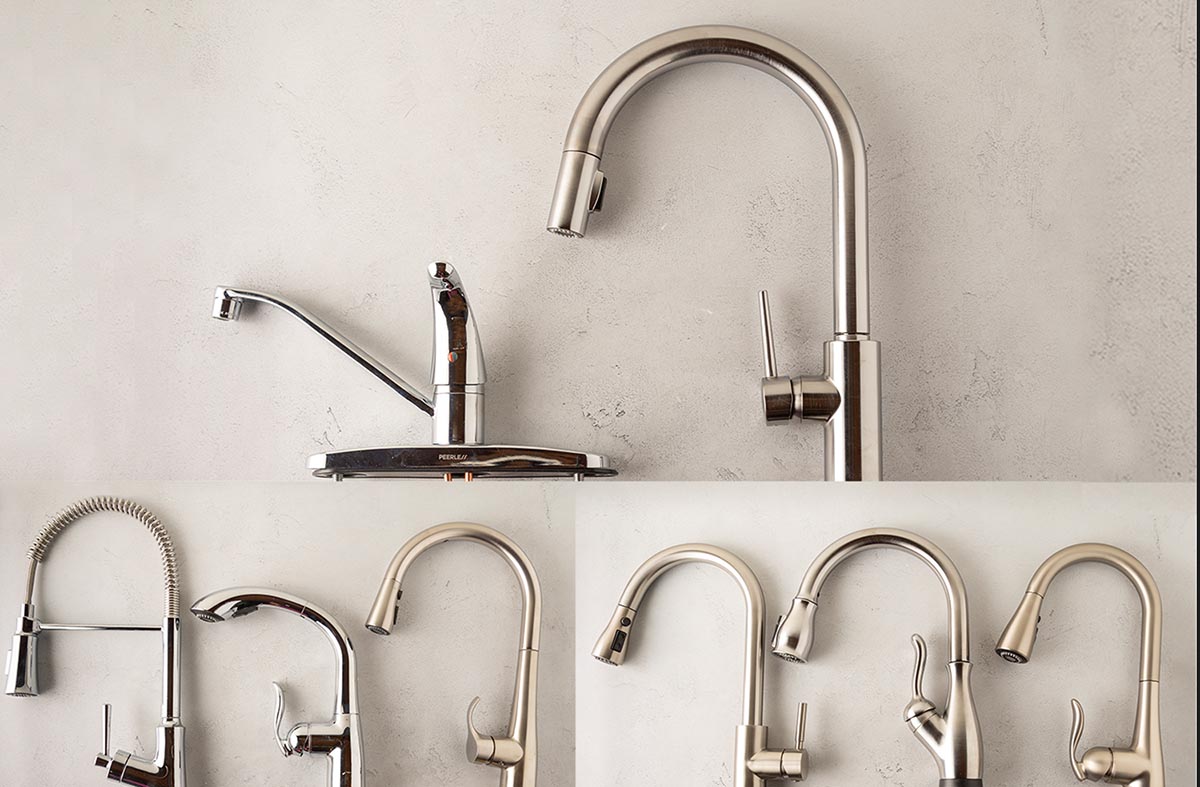 A group of the best kitchen faucet options laid out together on a kitchen counter