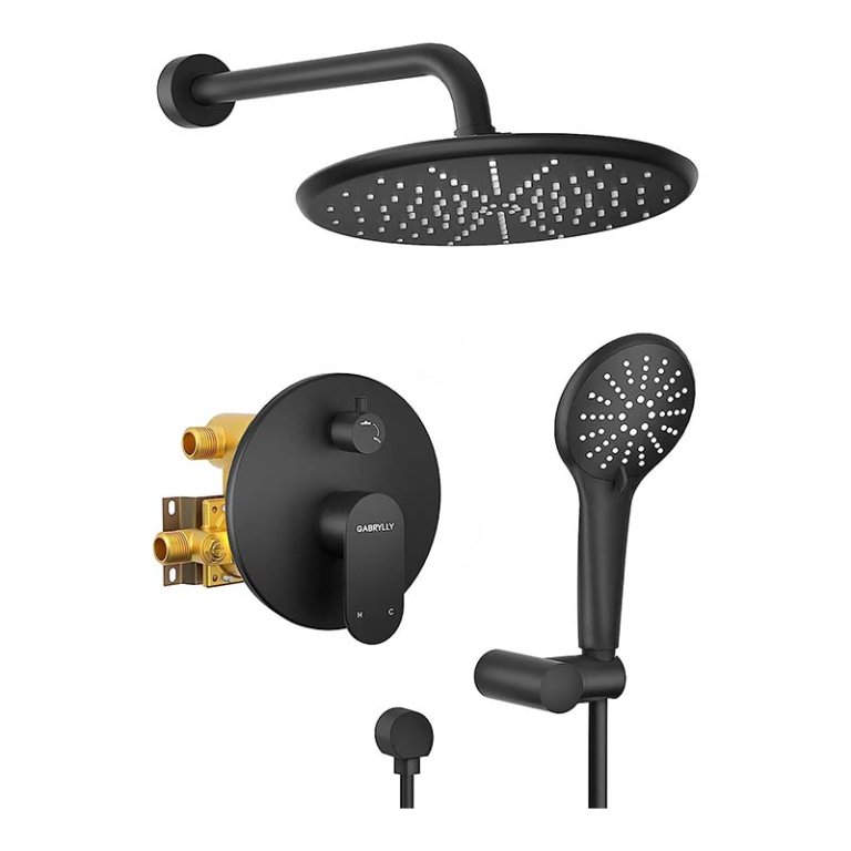 Matte Black Shower Faucet System 8 Inch Rainfall Square Head Combo With Handheld Spray And Mixer Valve