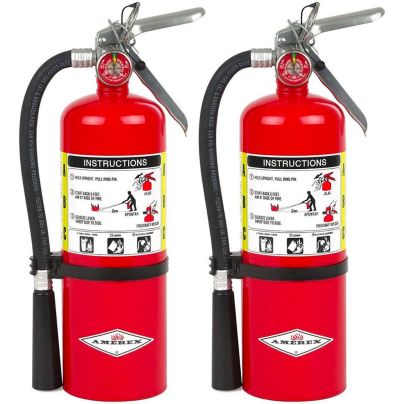 Two of the Amerex 5-Pound B500 ABC Fire Extinguishers on a white background.