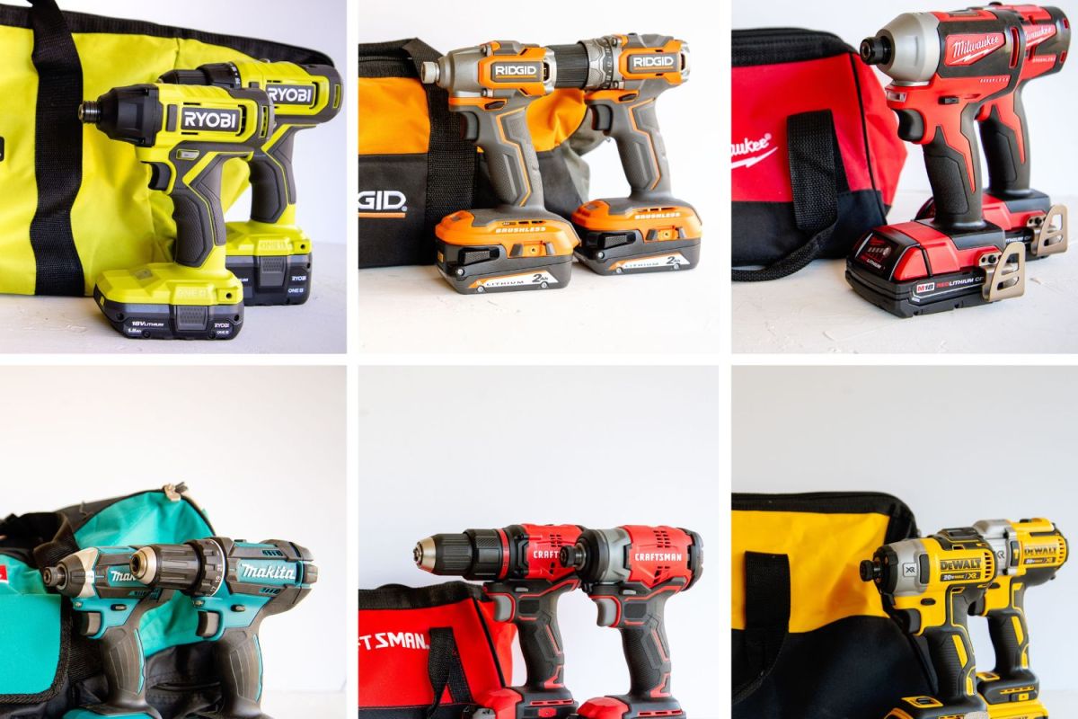 A collage of the Best Power Tool Set Options on white backgrounds.
