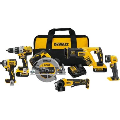 The DeWalt 20V MAX XR Brushless 6-Tool Combo Kit and its carry bag on a white background.