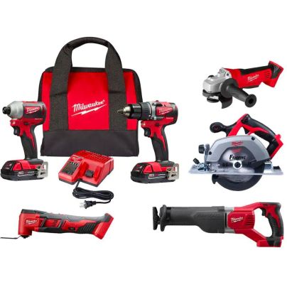 The Milwaukee M18 18V 6-Tool Combo Kit and its carry bag on a white background.