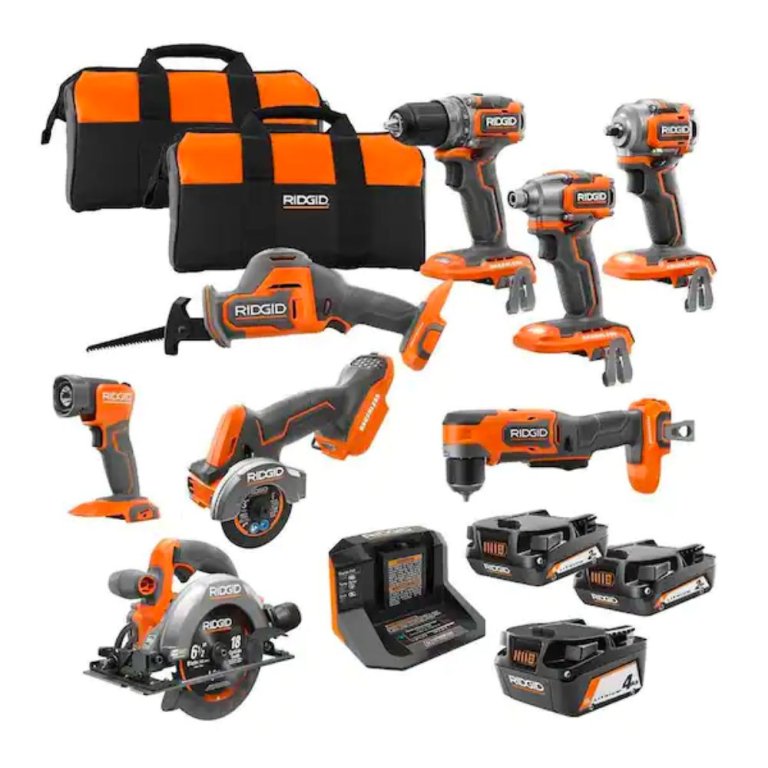  The Ridgid 18V SubCompact 8-Tool Combo Kit on a white background.