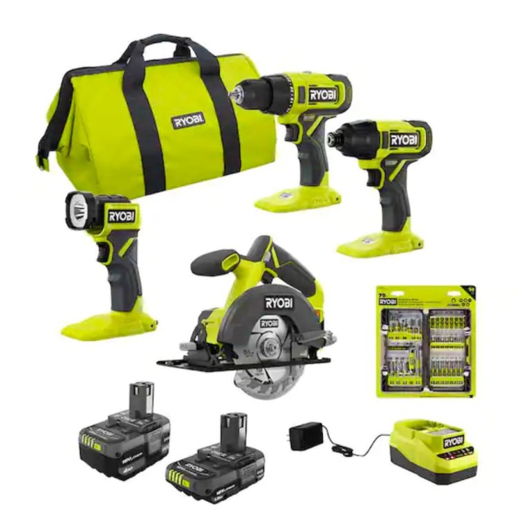  The Ryobi 18V One+ 4-Tool Combo Kit and its carry bag on a white background.