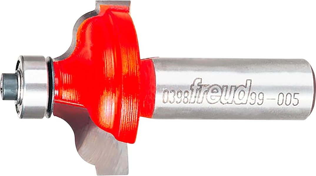 A red and silver Roman Ogee router bit.