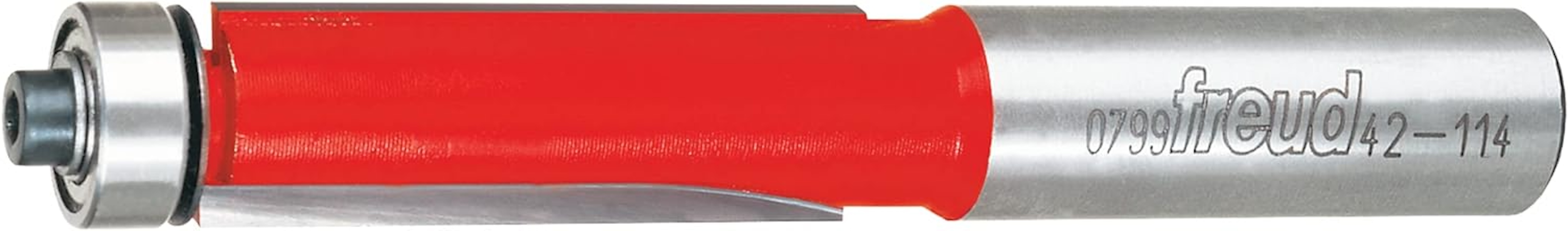 A red and silver flush trim router bit.