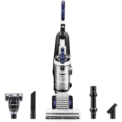 The Eureka FloorRover Bagless Upright Pet Vacuum and its accessories on a white background.