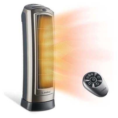 The Lasko 1,500-Watt Digital Ceramic Space Heater and its remote on a white background with an orange and yellow illustration to mimic heat.