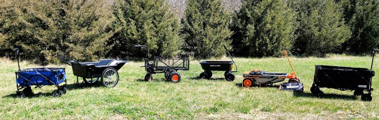 The Best Garden Cart Options on a large lawn in front of evergreens