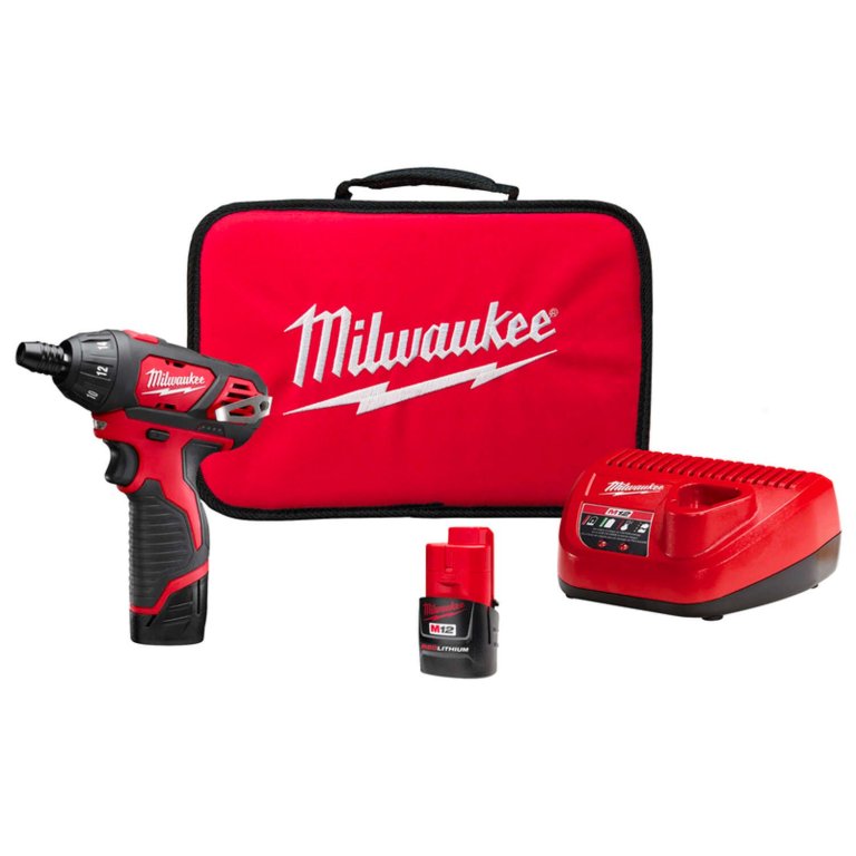 Milwaukee 2401-22 M12 ¼-Inch Hex Screwdriver Kit with bag, charger, and battery on white background