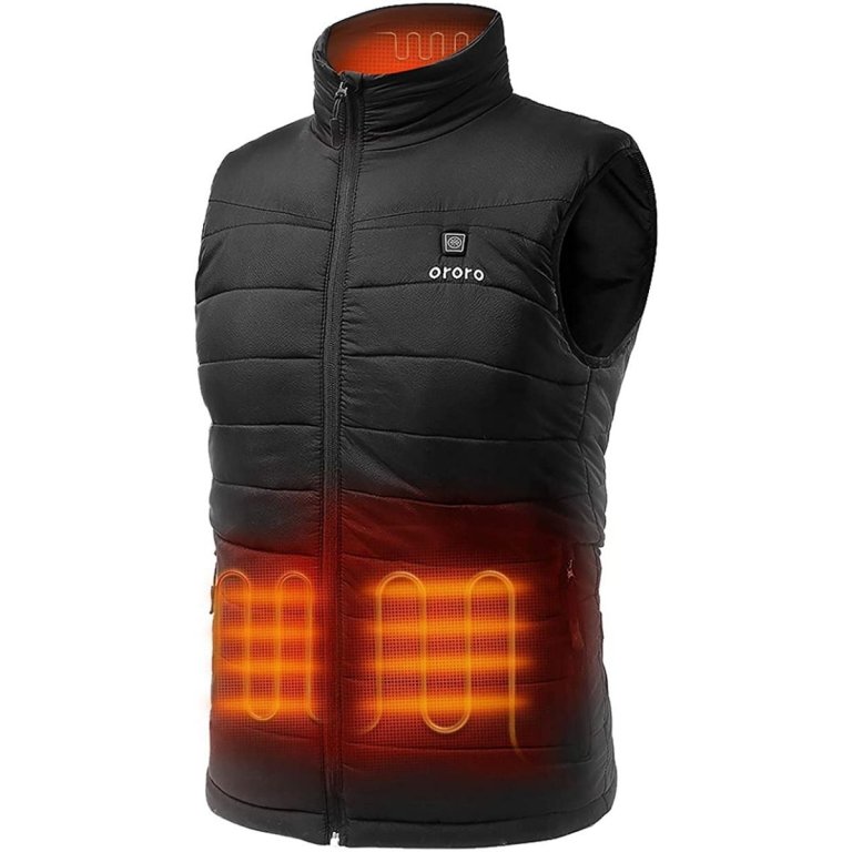 ORORO Men’s Lightweight Heated Vest over long sleeve shirt on man against white background