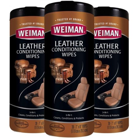 3 tubes of Weiman Leather Wipes on a white background