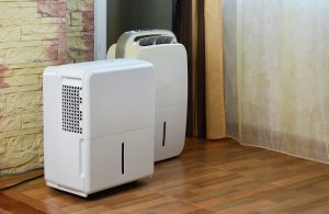 Two dehumidifiers in a basement.