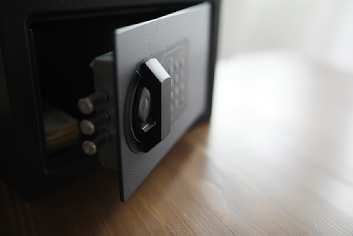 A small fireproof safe for home valuables.