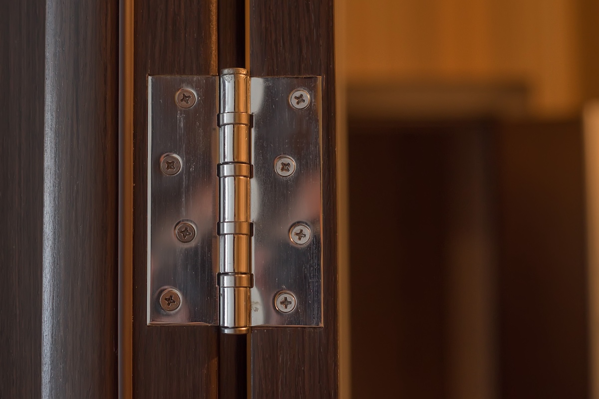 A brand new interior door hinge on a wooden door.