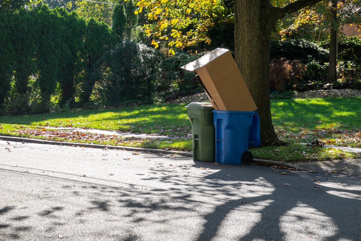 A large cardboard box sits on a blue recycling on a curb.
