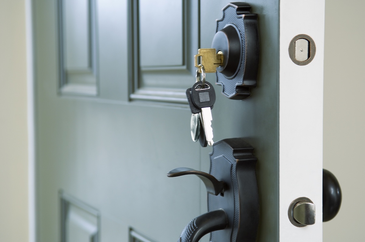 A front door with two locks.