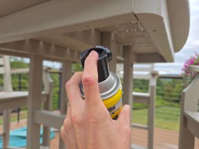 Raid Wasp and Hornet Spray being sprayed under table