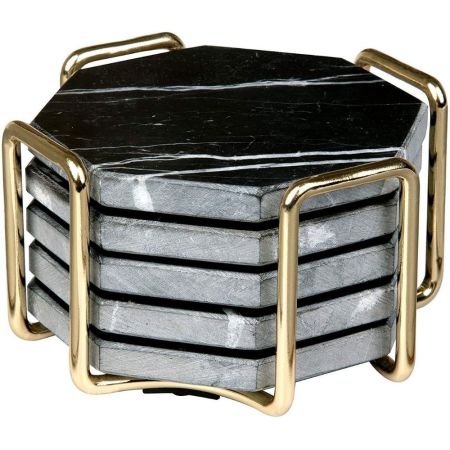 D’Eco Black Marble Coasters with Gold Holder