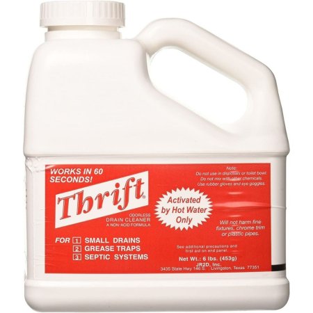  Bottle of Thrift Drain Cleaner on a white background