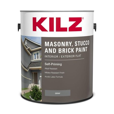  A can of Kilz Interior/Exterior Masonry, Stucco, & Brick Paint on a white background.