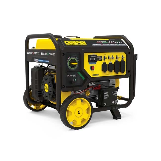 Black and yellow Champion 8500-Watt Dual-Fuel Generator With CO Shield on white background