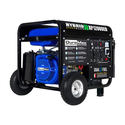 Black and blue DuroMax XP12000EH Dual Fuel Portable Generator on white background