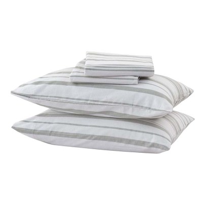 A grey and white striped set of the Great Bay Home 4-Piece Turkish Cotton Flannel Sheets folded and stacked on a white background.