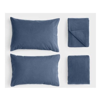 A navy blue set of the Mellanni Lightweight 160GSM Flannel Cotton Sheet Set on a white background.