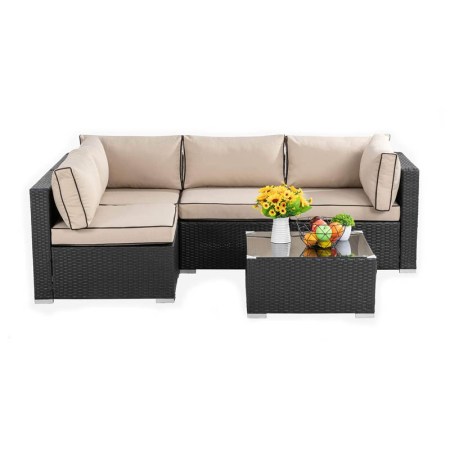 Walsunny Outdoor Black Rattan Sectional Sofa