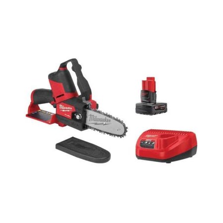 Milwaukee M12 Fuel Hatchet 6-Inch Pruning Chainsaw next to a battery and charger