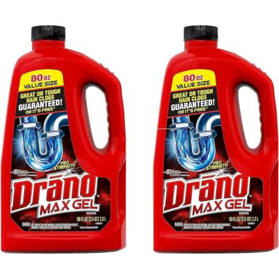 Two bottles of Drano Max Gel Clog Remover on a white background