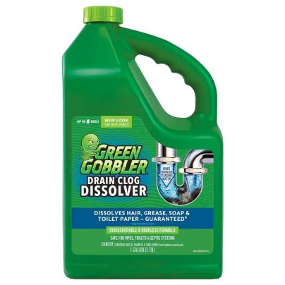 Bottle of Green Gobbler Liquid Drain Clog Dissolver on a white background