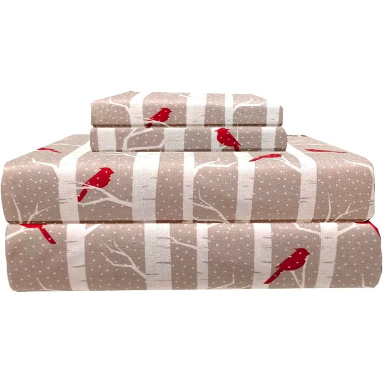  The Shavel Home Products Micro Flannel Sheet Set with a birch tree and cardinal pattern folded and stacked on a white background.