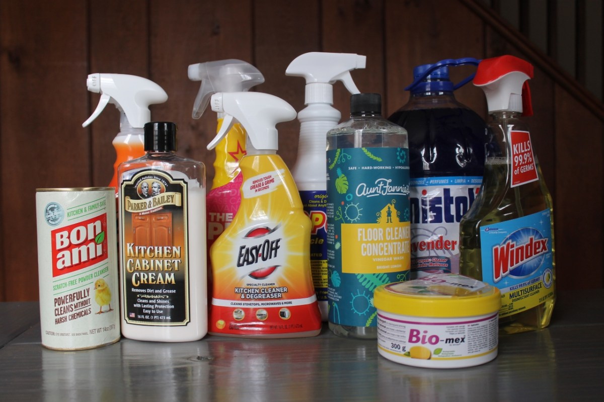 A group of the 10 best kitchen cleaners on a counter before testing.
