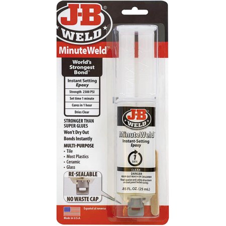  A white and black bottle of J-B Weld 50101 MinuteWeld Instant-Setting Epoxy in its packaging on a white background.