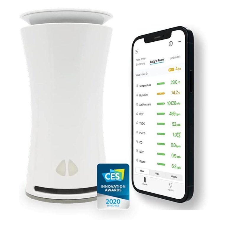 uHoo Indoor Air Sensor 9 in 1 Smart Air Monitor next to a smartphone on a white background