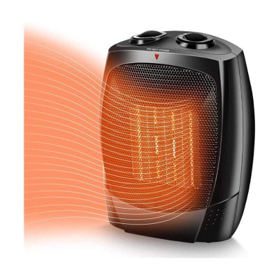 The Trustech 1,500-Watt Ceramic Desk and Space Heater on a white background with an orange illustration to signify heat.