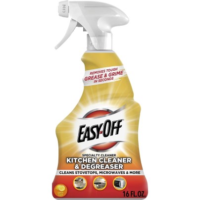 A spray bottle of Easy-Off Kitchen Cleaner & Degreaser on a white background.