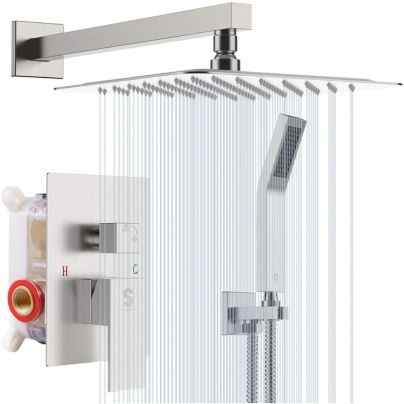 The SR Sunrise 12-Inch Shower System With Tub Spout on a white background with an illustration of water and a background image showing the controls and behind-the-wall plumbing.