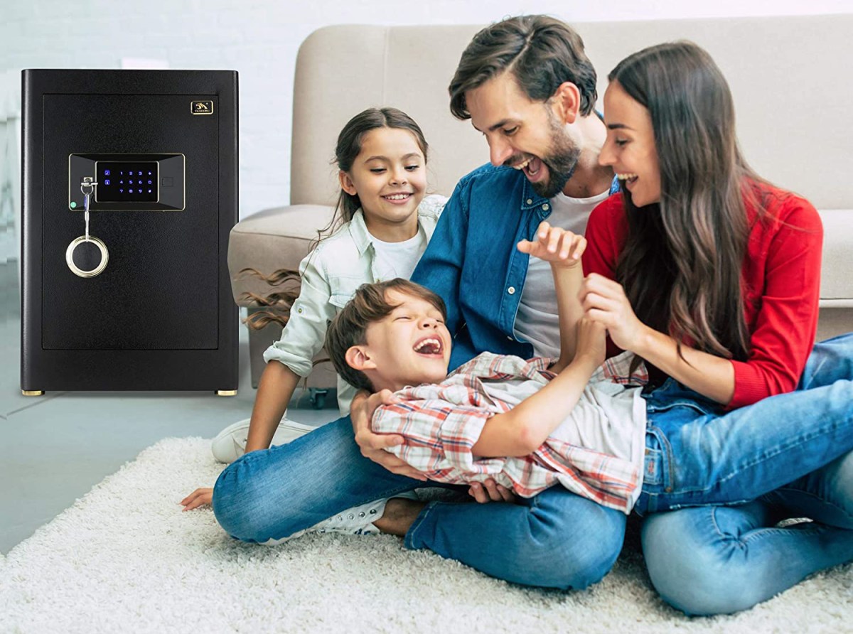 A family enjoying time together on the floor of a living room with the best fireproof safe option in the background