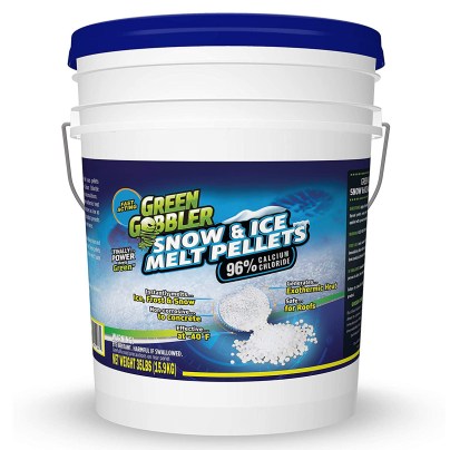 A 5-gallon bucket of Green Gobbler Calcium Chloride Snow & Ice Melt on a white background.