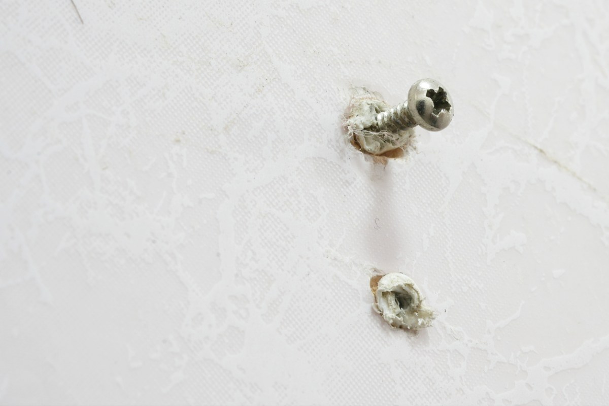 Two plastic drywall anchors embedded in a white wall, one with a screw inside.