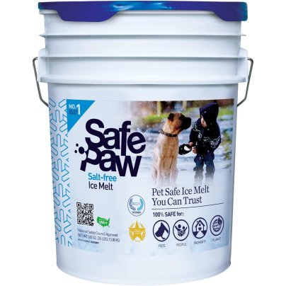 A 5-gallon bucket of Safe Paw Pet-Safe Salt-Free Nontoxic Ice Melt on a white background.