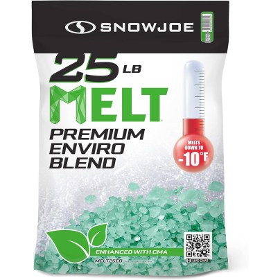 A bag of Snow Joe MELT25EB Premium Enviro Blend Ice Melter on a white background.