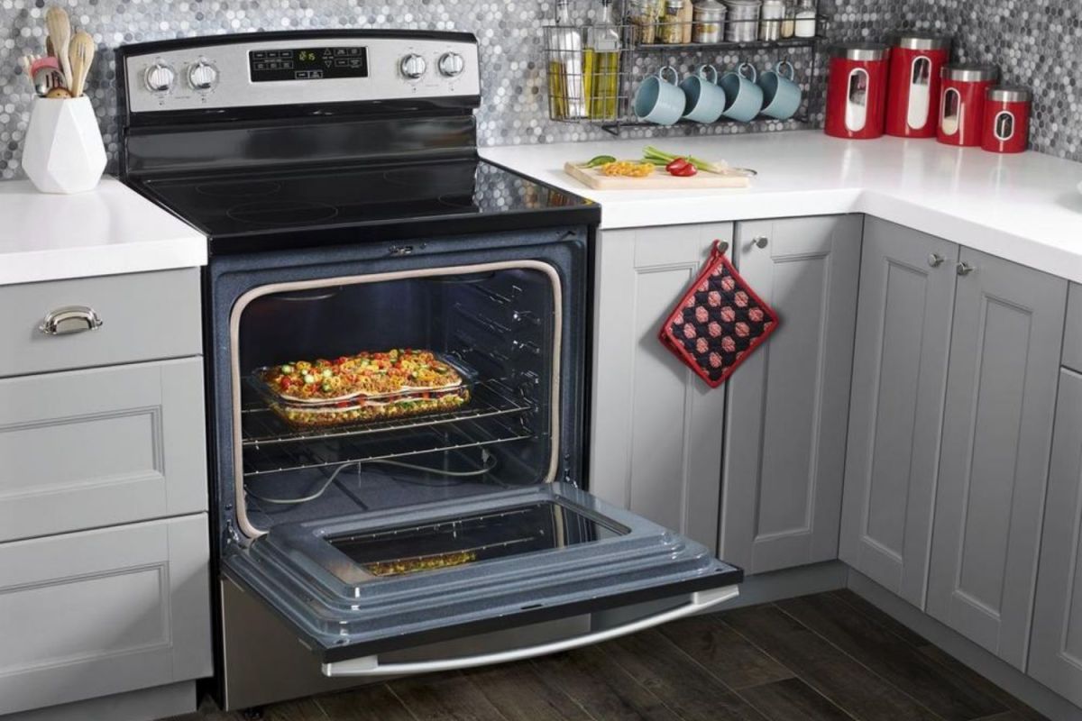The best electric range option with its door open to show a baked casserole