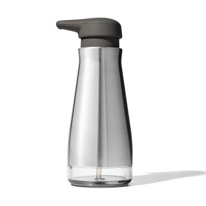 The OXO Good Grips Stainless Steel Soap Dispenser on a white background.