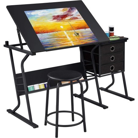 Yaheetech Drafting Table With 3 Slide Drawers